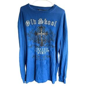 Vtg Y2K 90s Old Skool Long Sleeve Men's Thermal Waffle Knit Blue Cross Grunge XL